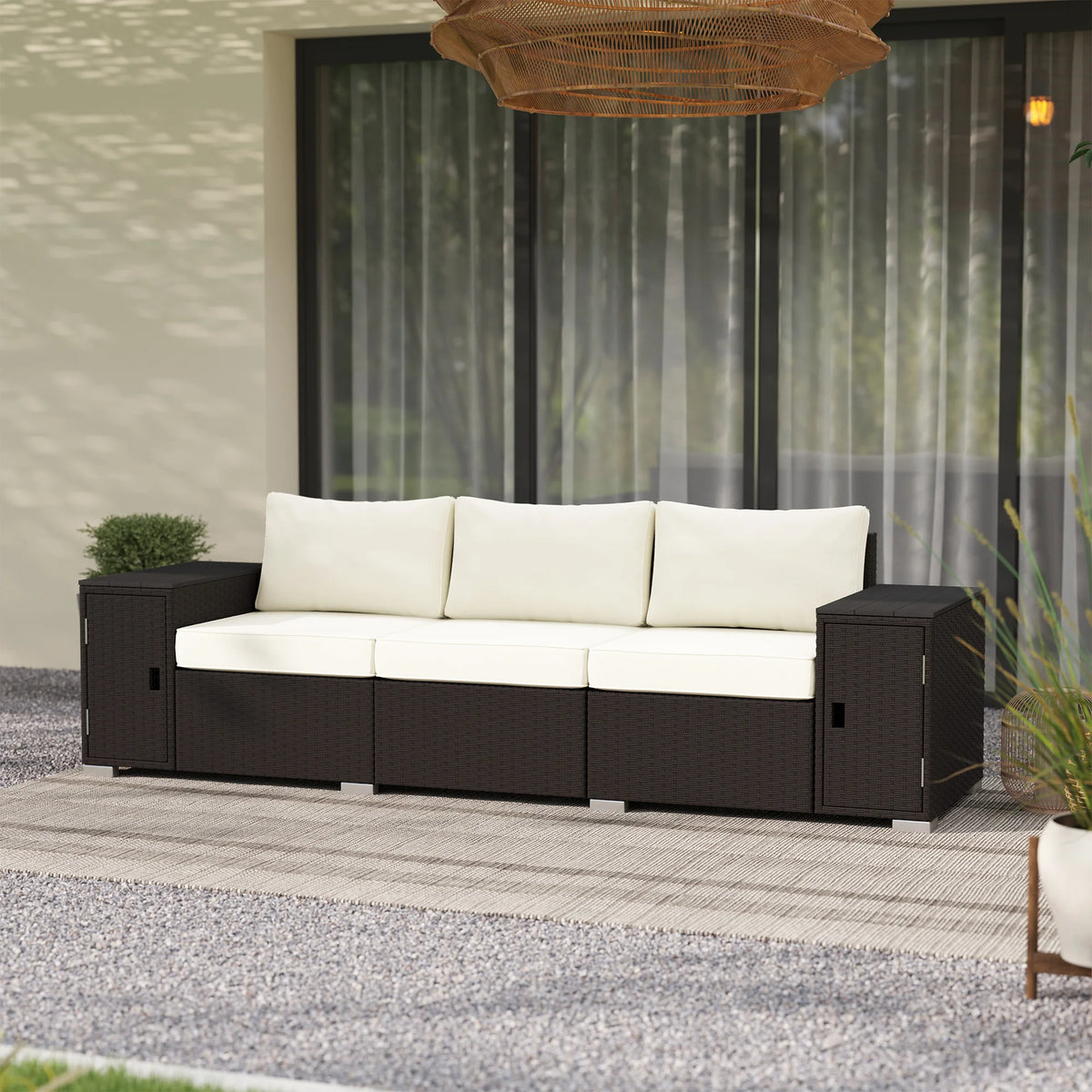 Three Seater Wicker Patio Sofa With Storage And Thick Cushions