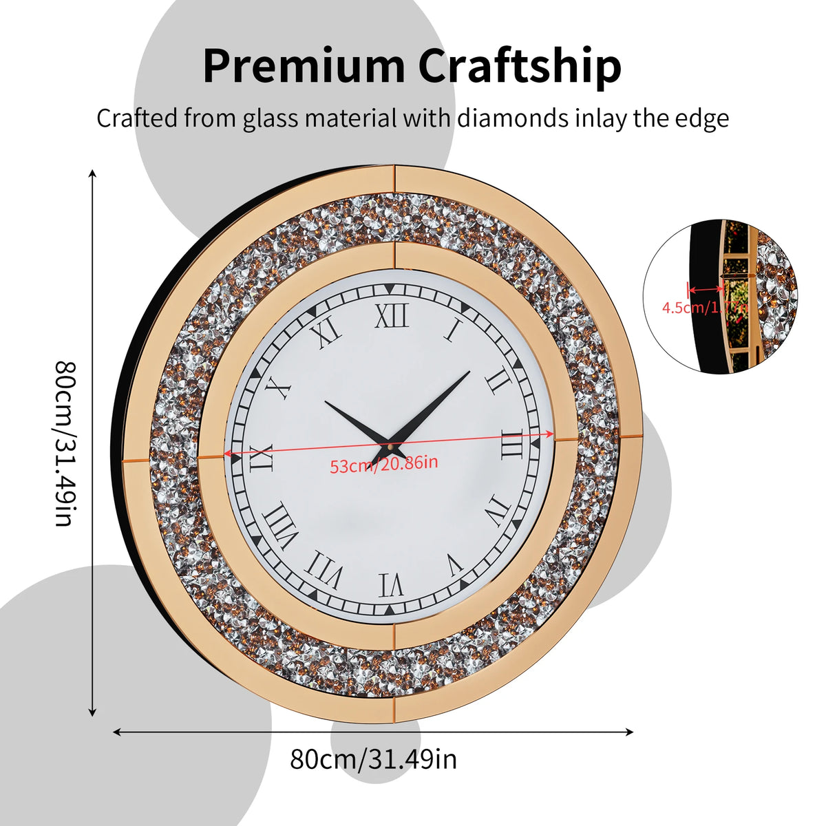 Crystal Sparkle Mirror Wall Clock With Silent Alarm Movement