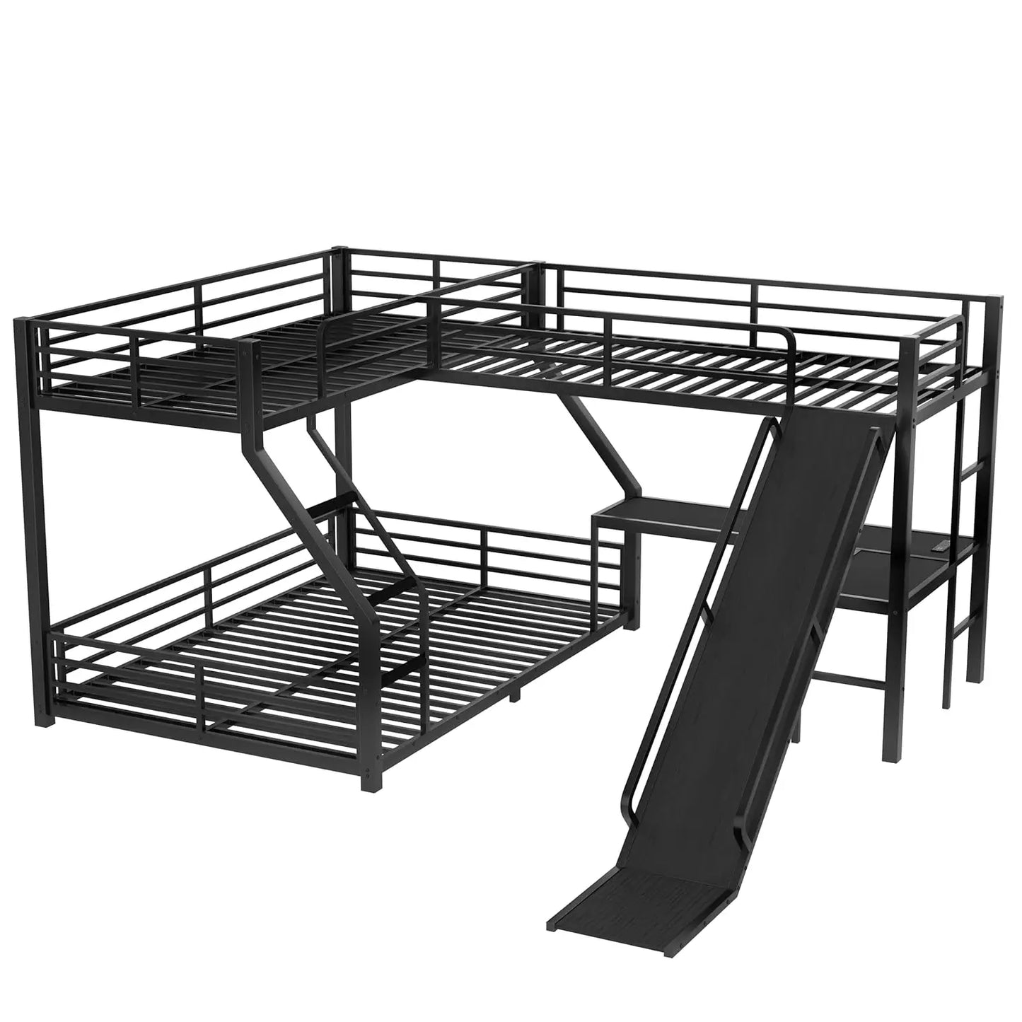 L Shaped Triple Bunk Bed With Desk And Slide For Space Saving