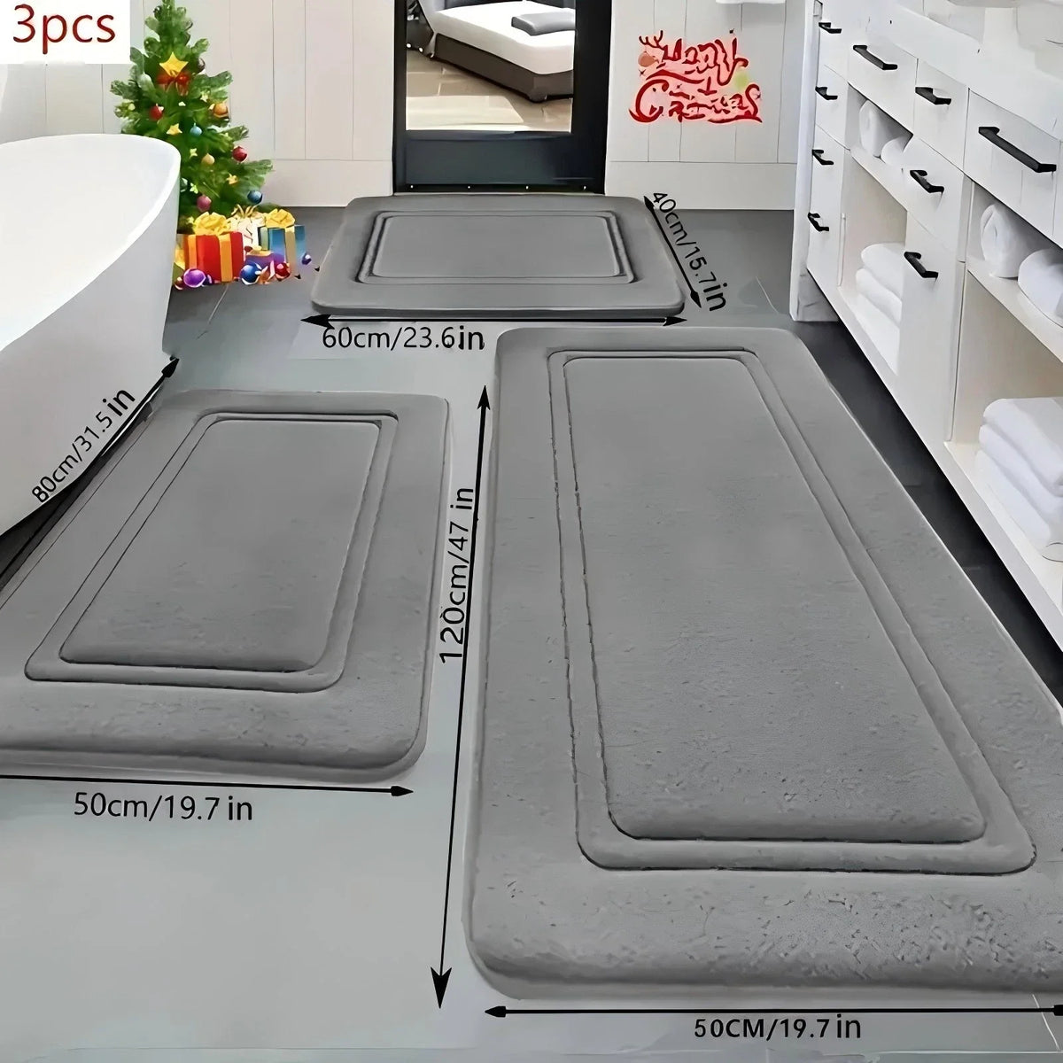 Absorbent Bath Mats Set Non Slip Memory Foam Rugs Bathroom