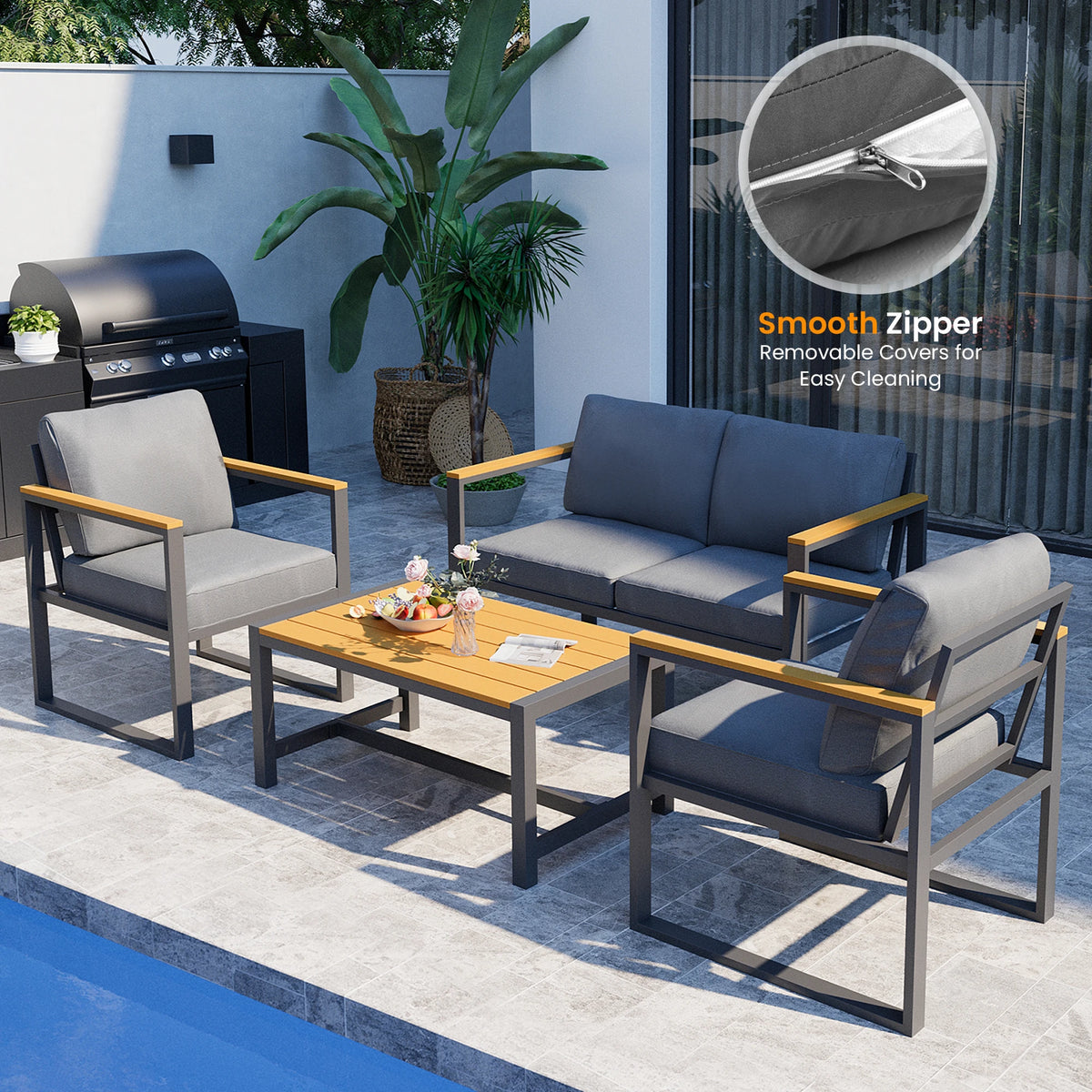 Outdoor Four-Piece Patio Set With Metal Frame And Coffee Table