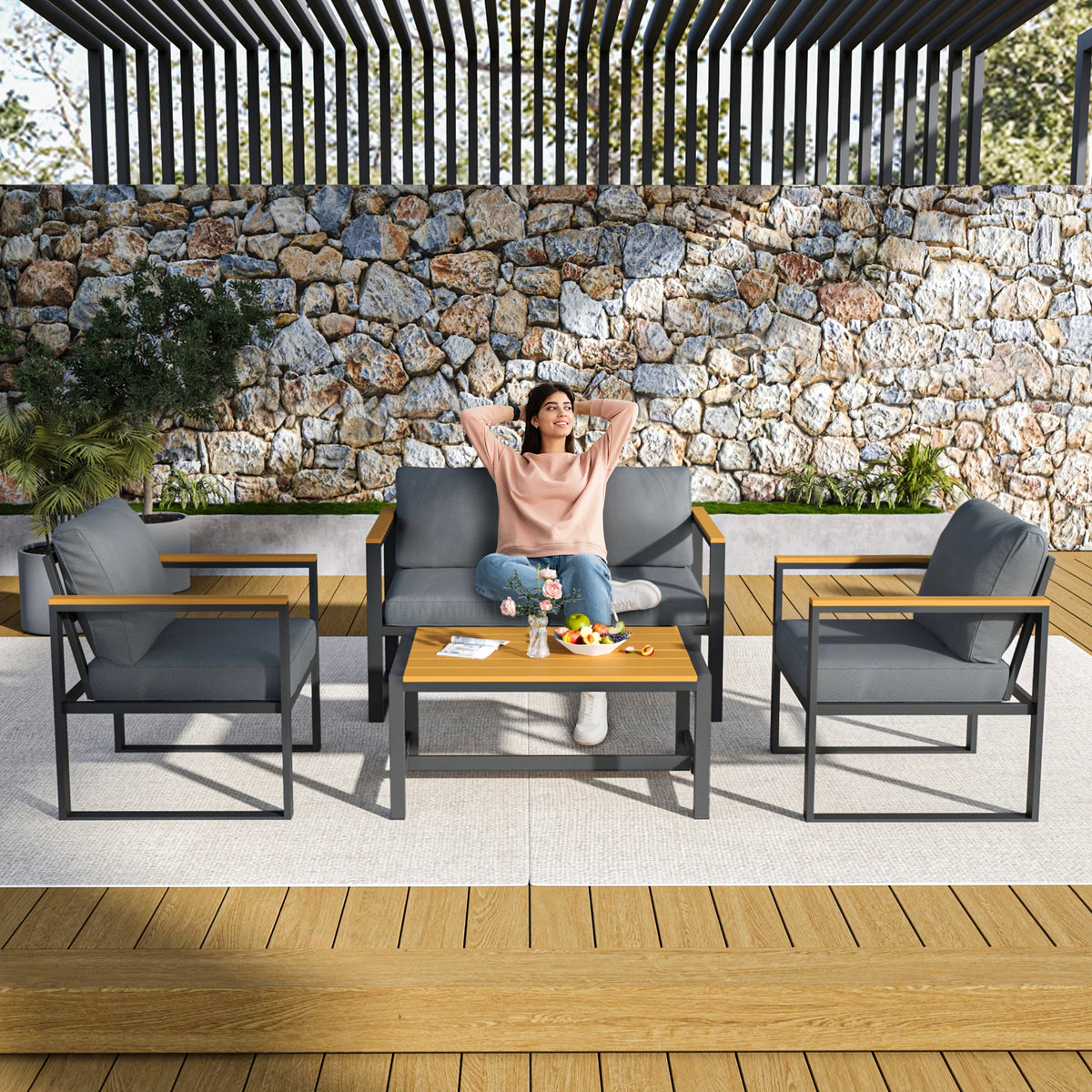 Outdoor Four-Piece Patio Set With Metal Frame And Coffee Table