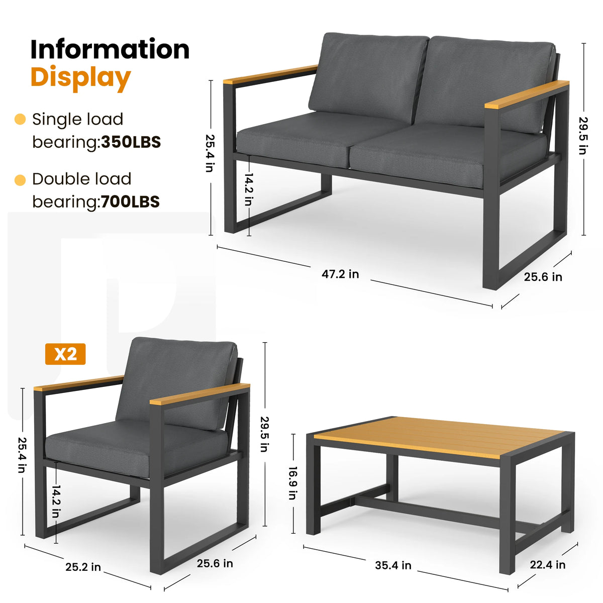 Outdoor Four-Piece Patio Set With Metal Frame And Coffee Table
