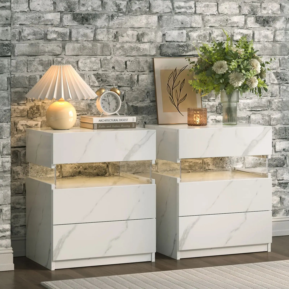 Cubehom Bedside Tables Set With LED Lighting And 3 Drawers