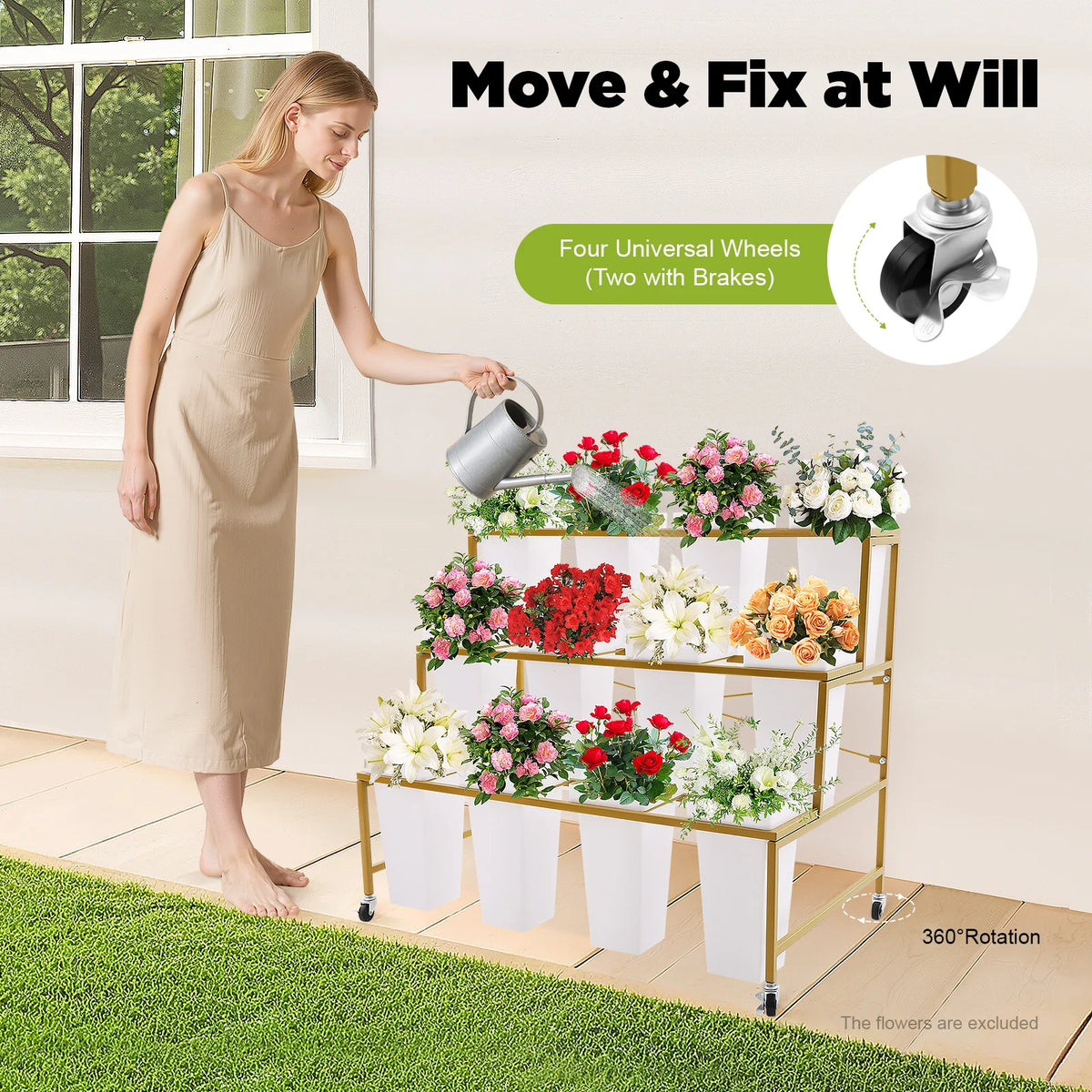 Three Tier Cold Rolled Steel Flower Display Stand With Buckets