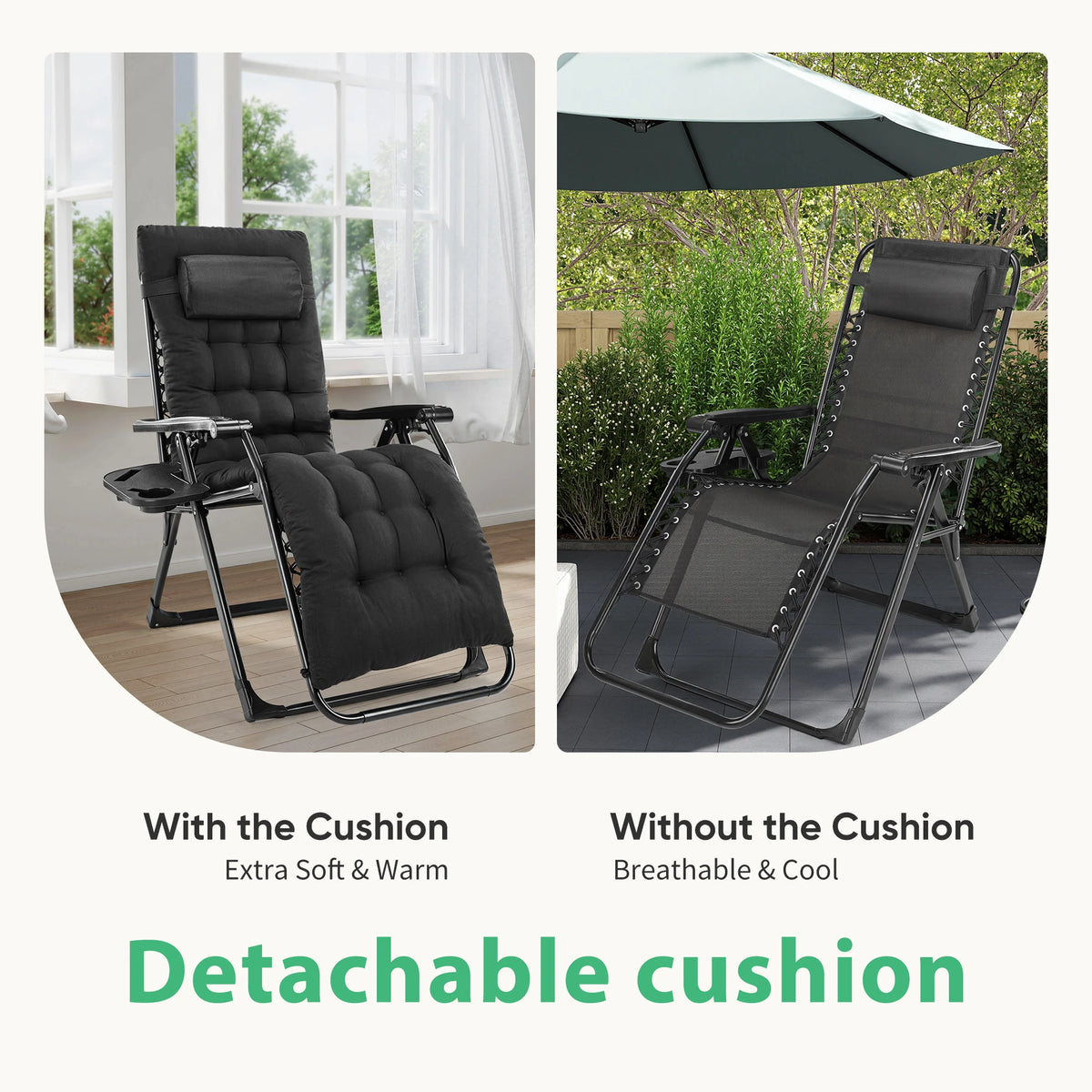 JHK Zero Gravity Folding Patio Lounge Chair With Removable Cushion