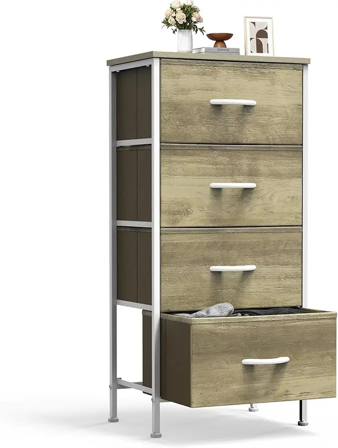 XIUWO Nightstand With 4 Fabric Drawers And Wooden Top Bedside Table