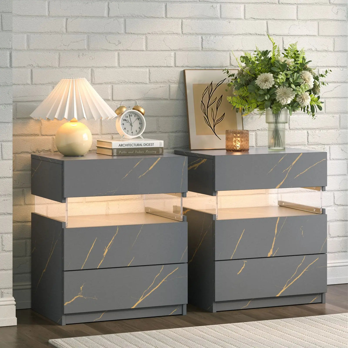 Cubehom Bedside Tables Set With LED Lighting And 3 Drawers