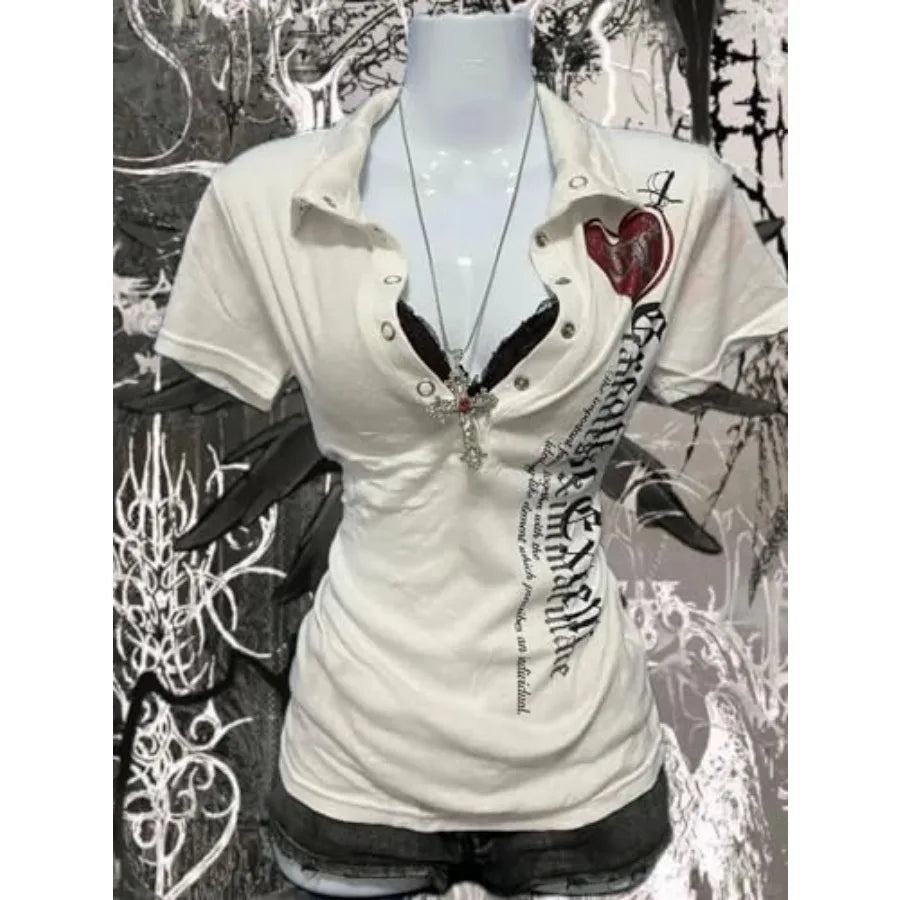 Women Vintage Y2K T Shirt Polo Letter Print Streetwear Top