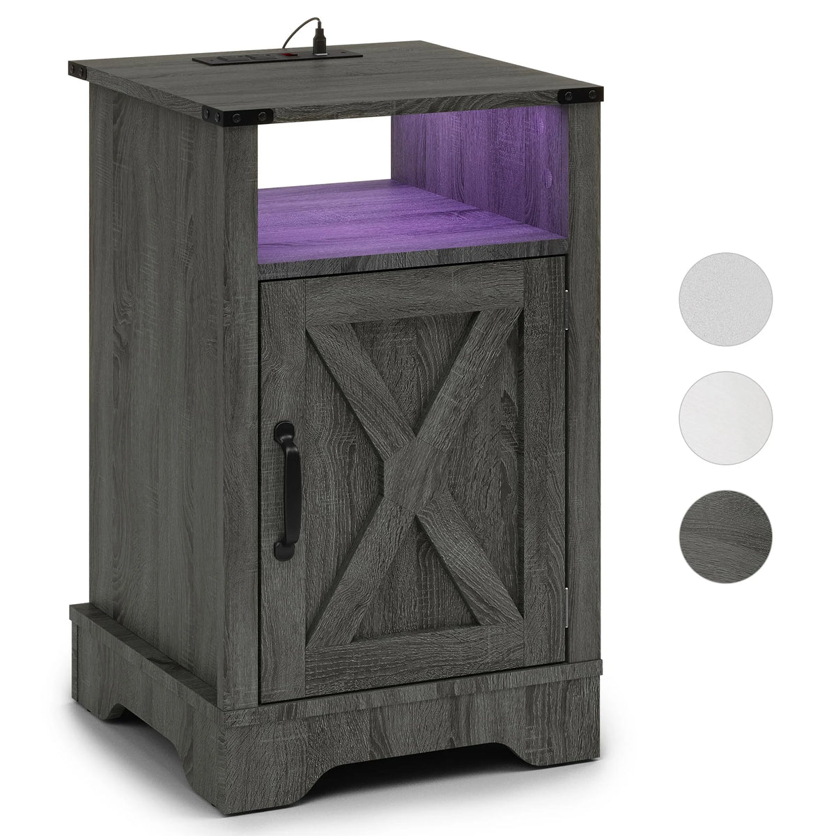 LED Nightstand With USB Charging Station, Farmhouse Wood Storage Table