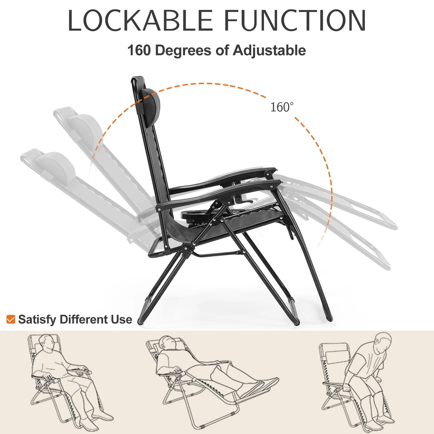 JHK Zero Gravity Portable Recliner Cup Holder Trays Outdoor Patio