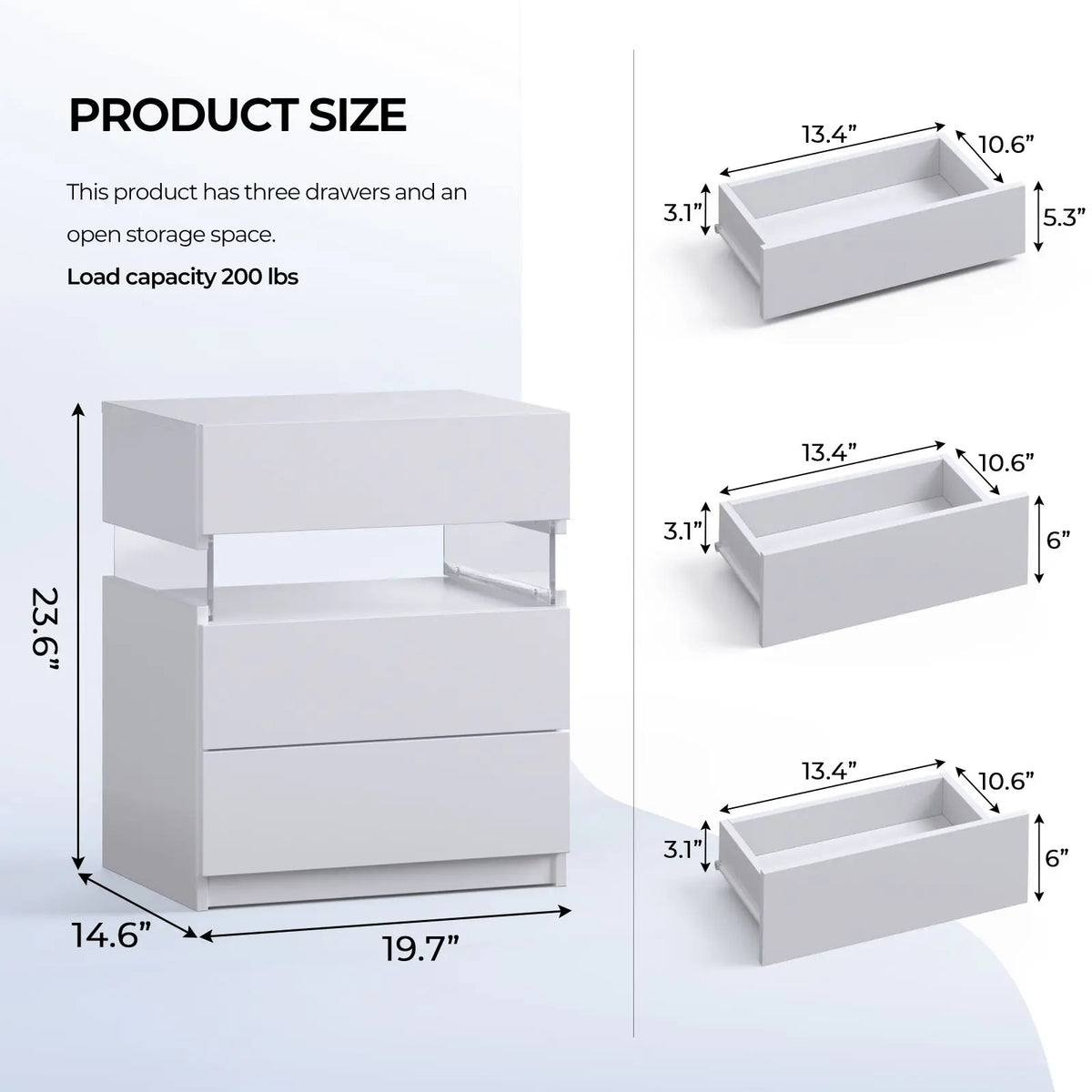 Cubehom Bedside Tables Set With LED Lighting And 3 Drawers