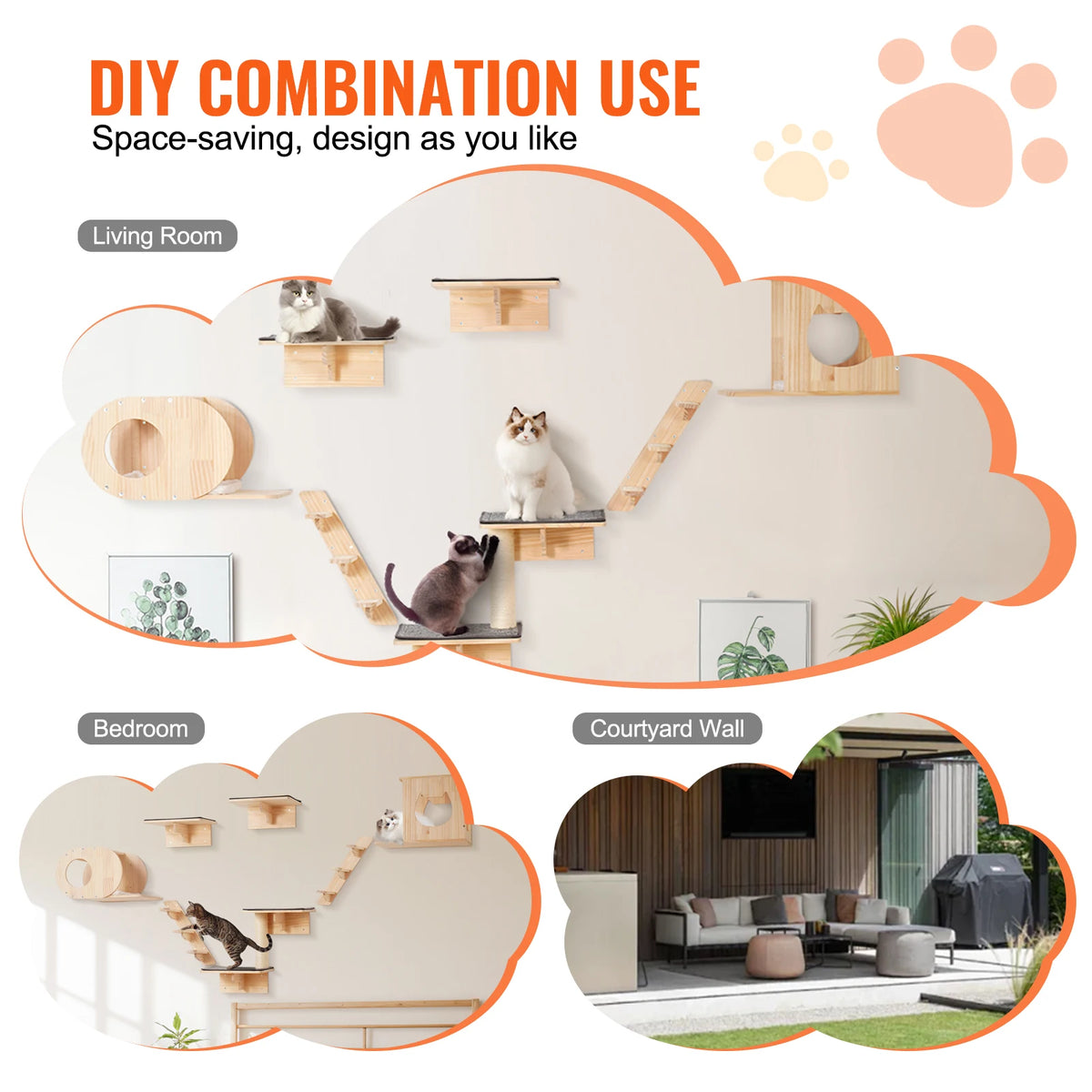 SucceBuy Wall Mounted Cat Shelves With Jumping Boards And Hammocks