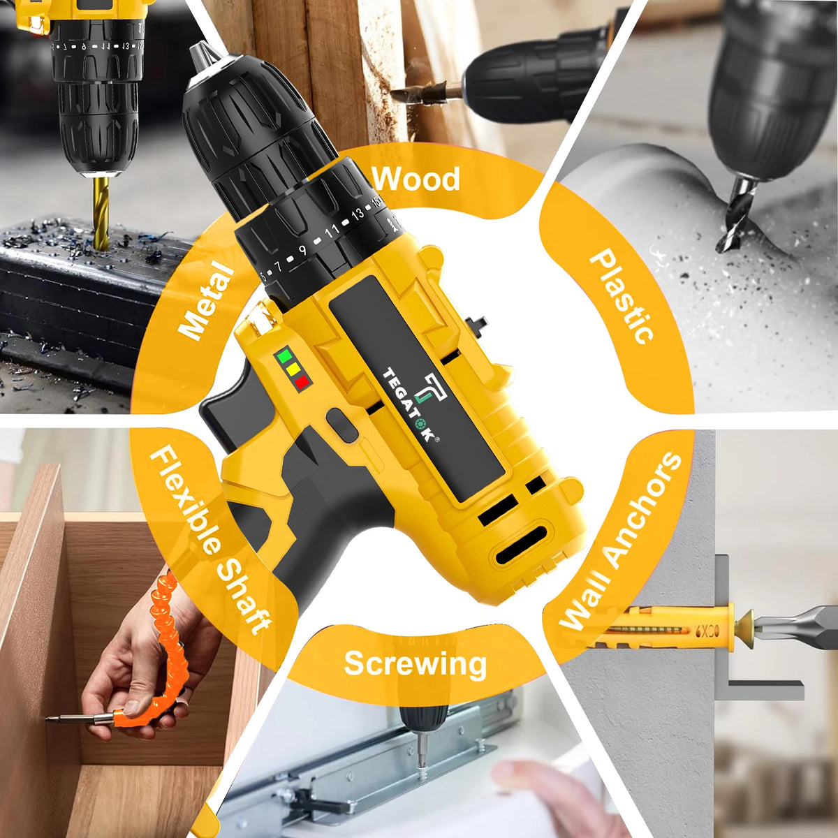 TEGATOK 45N.M Electric Impact Drill 20V Battery Included LED Two Speed