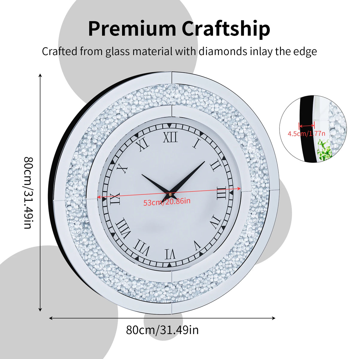 Crystal Sparkle Mirror Wall Clock With Silent Alarm Movement