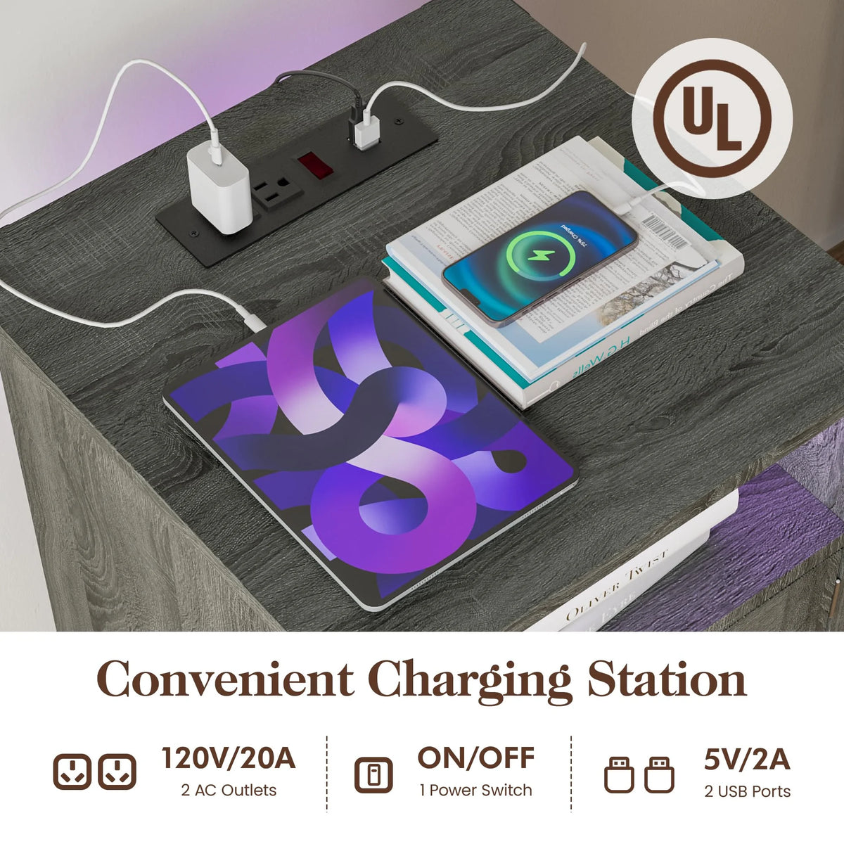 LED Nightstand With USB Charging Station, Farmhouse Wood Storage Table