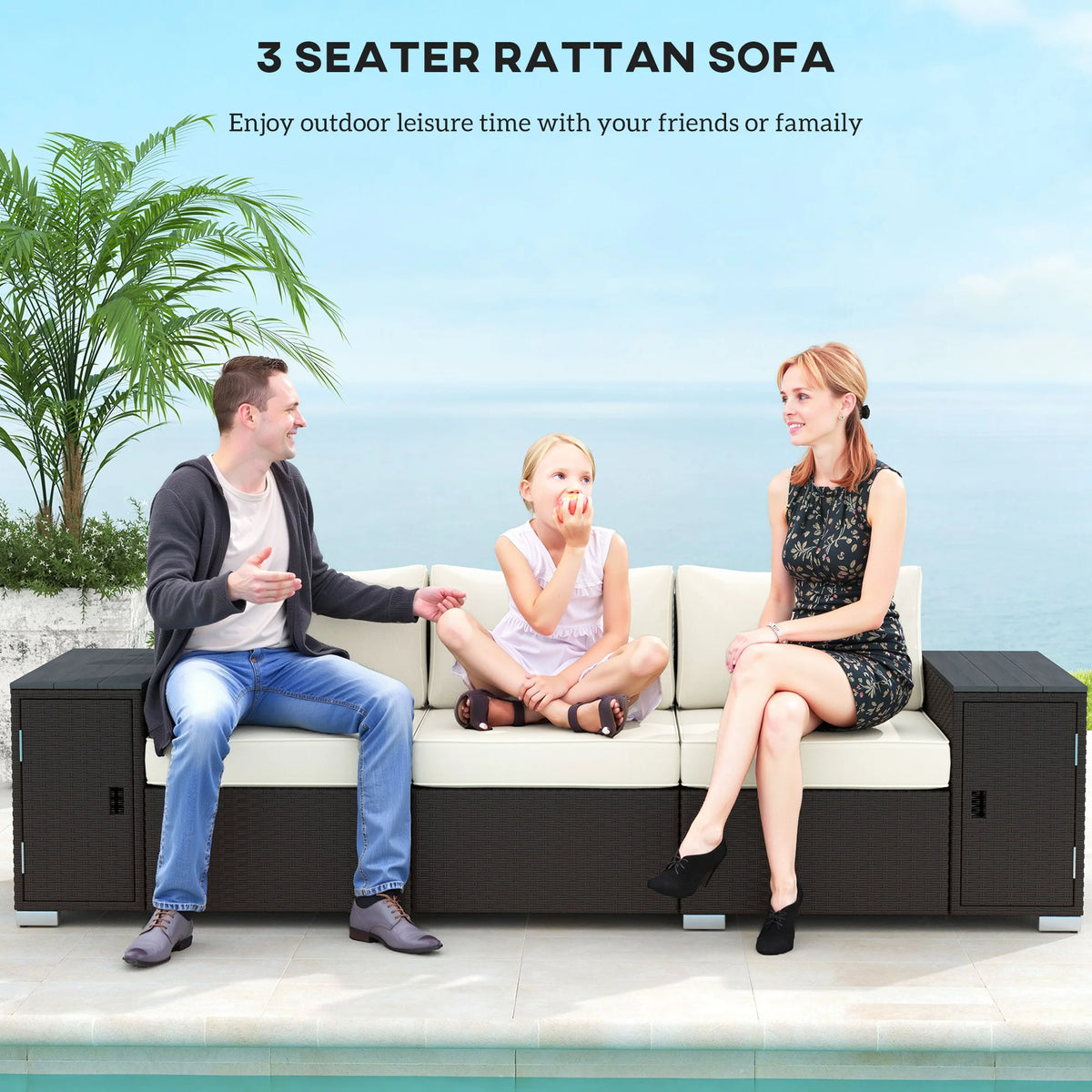Three Seater Wicker Patio Sofa With Storage And Thick Cushions