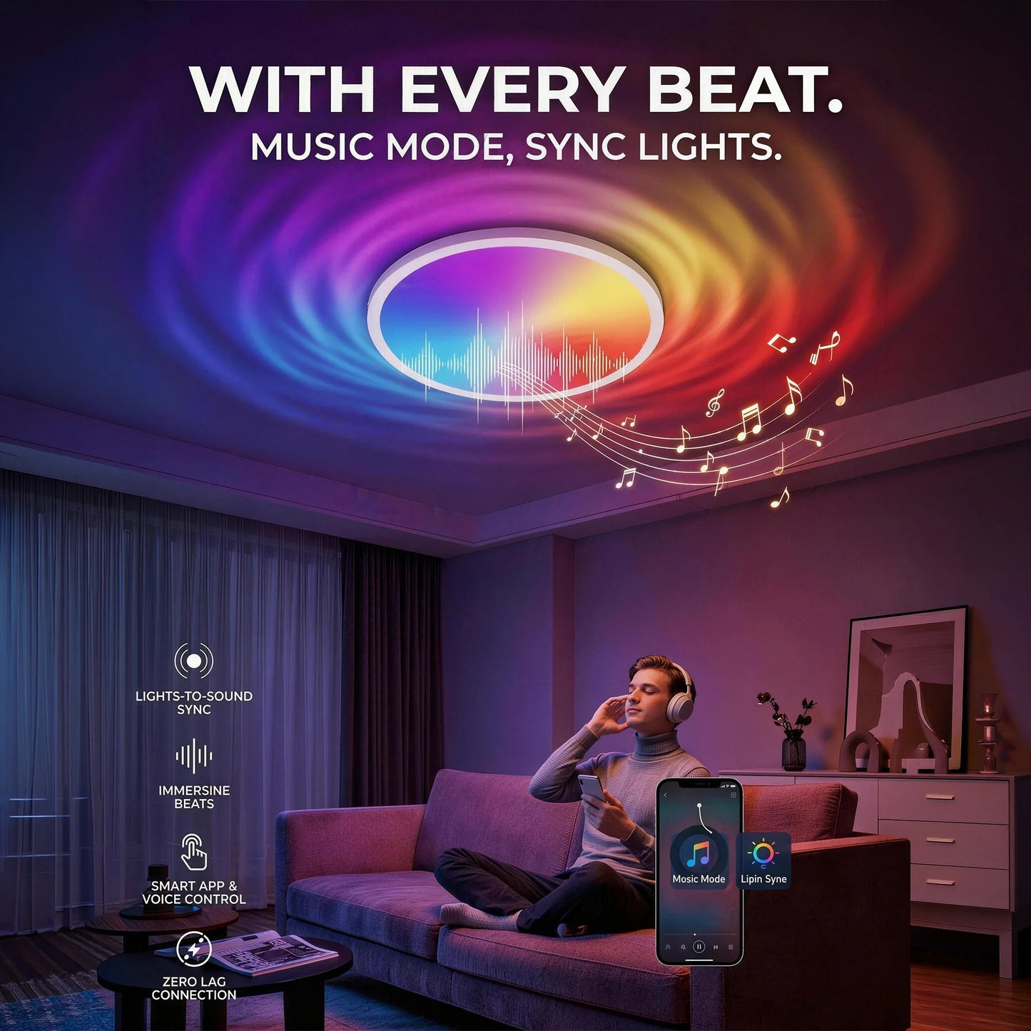 Tuaaryii Smart RGB Ceiling Light With Music Sync AI Modes