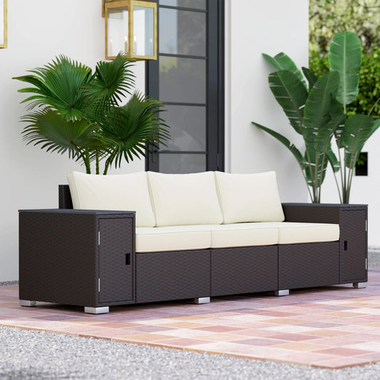 Three Seater Wicker Patio Sofa With Storage And Thick Cushions
