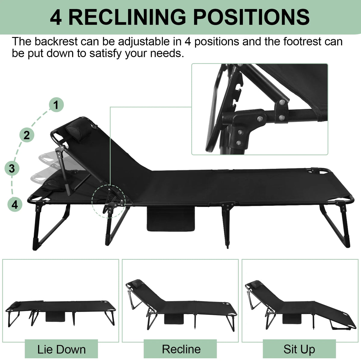 Portable Folding Camping Cot With Pillow Three-Position Reclining Outdoor Lounger