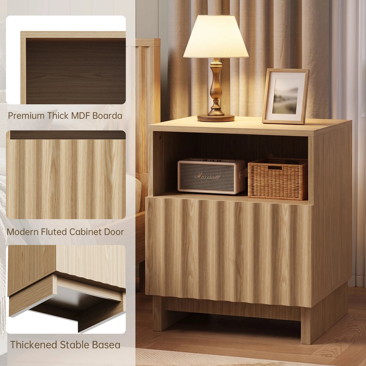TinyNest Wood Nightstand With Fluted Drawers And Open Shelf