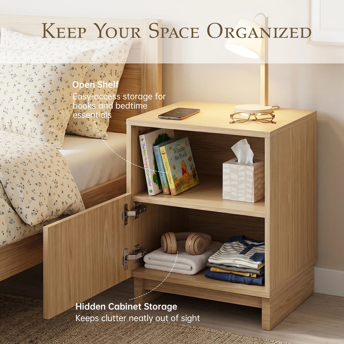 TinyNest Wood Nightstand With Fluted Drawers And Open Shelf