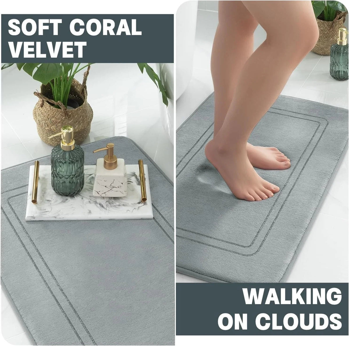Absorbent Bath Mats Set Non Slip Memory Foam Rugs Bathroom