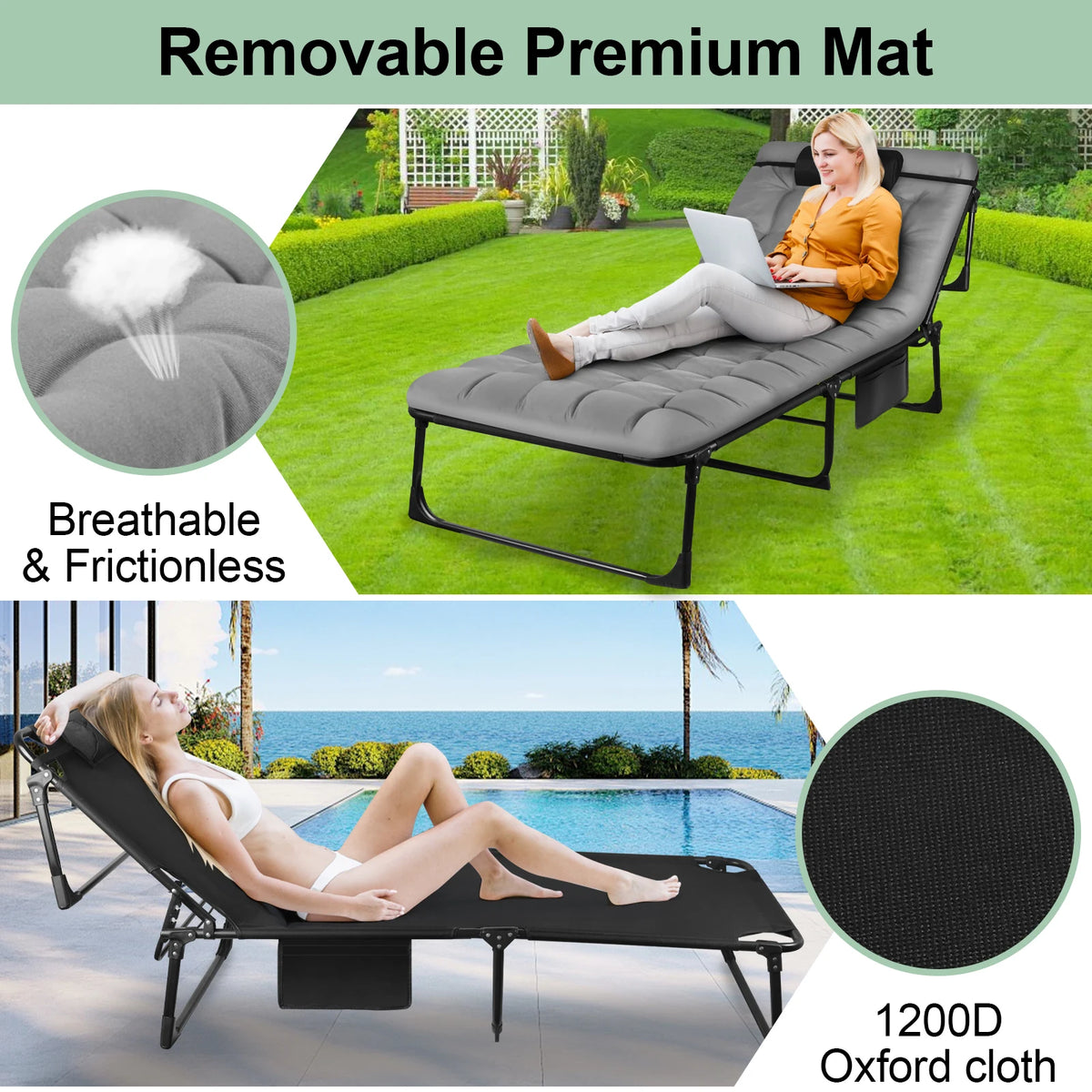 Portable Folding Camping Cot With Pillow Three-Position Reclining Outdoor Lounger