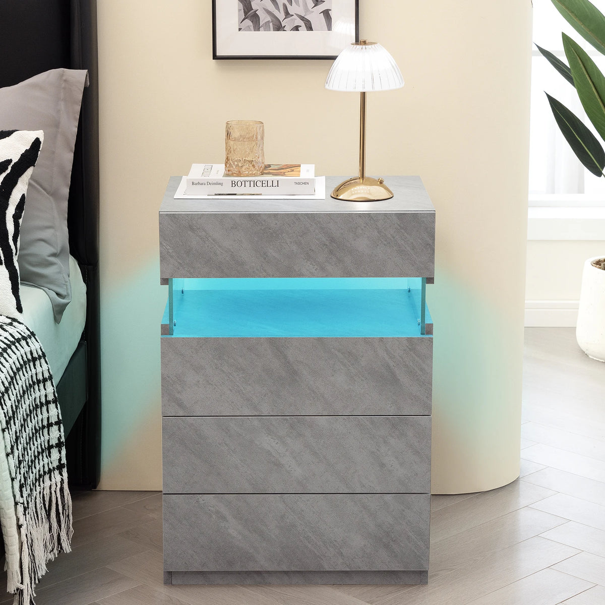 Cubehom LED Nightstand With Four Drawers Modern Bedroom Table