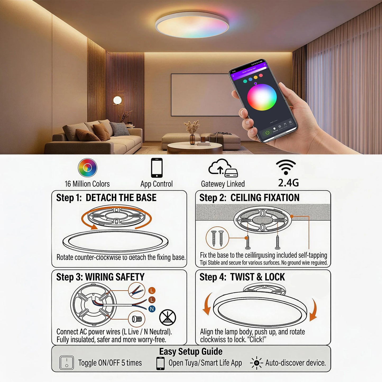 Tuaaryii Smart RGB Ceiling Light With Music Sync AI Modes