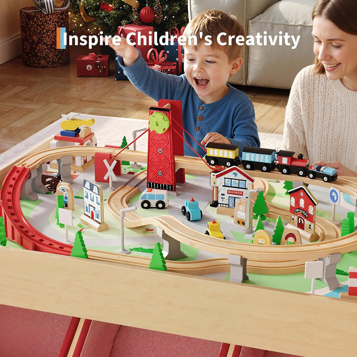 HiMISS Wooden Kids Train Table Set With Tracks And Storage
