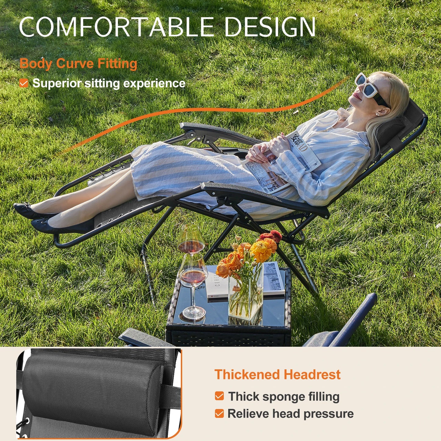 JHK Zero Gravity Portable Recliner Cup Holder Trays Outdoor Patio