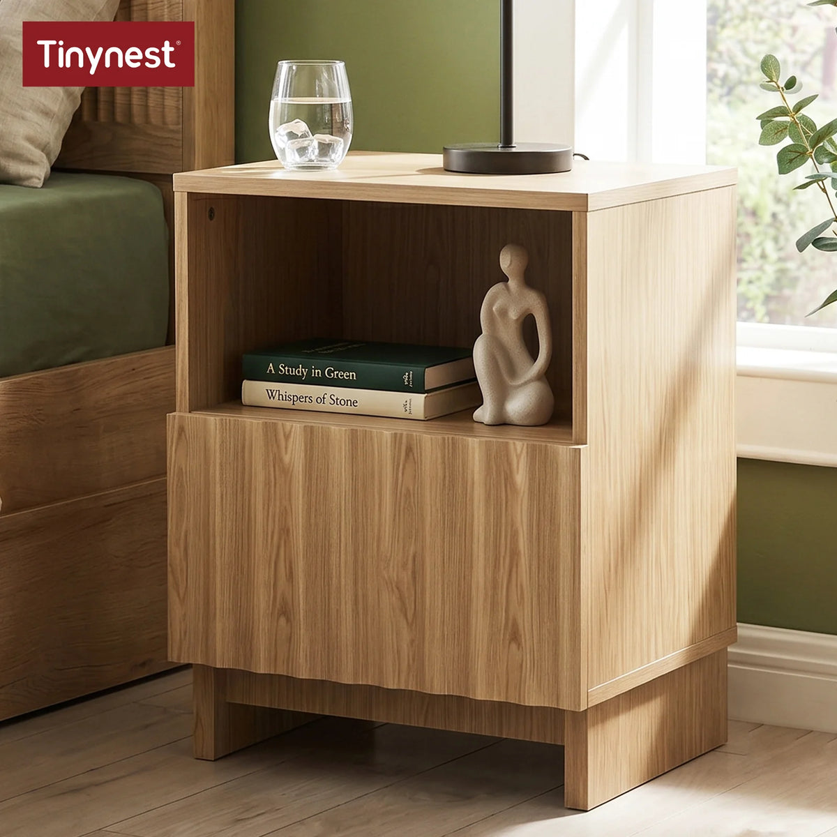 TinyNest Wood Nightstand With Fluted Drawers And Open Shelf