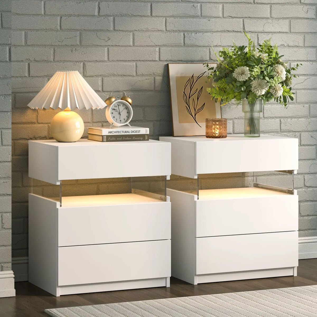 Cubehom Bedside Tables Set With LED Lighting And 3 Drawers