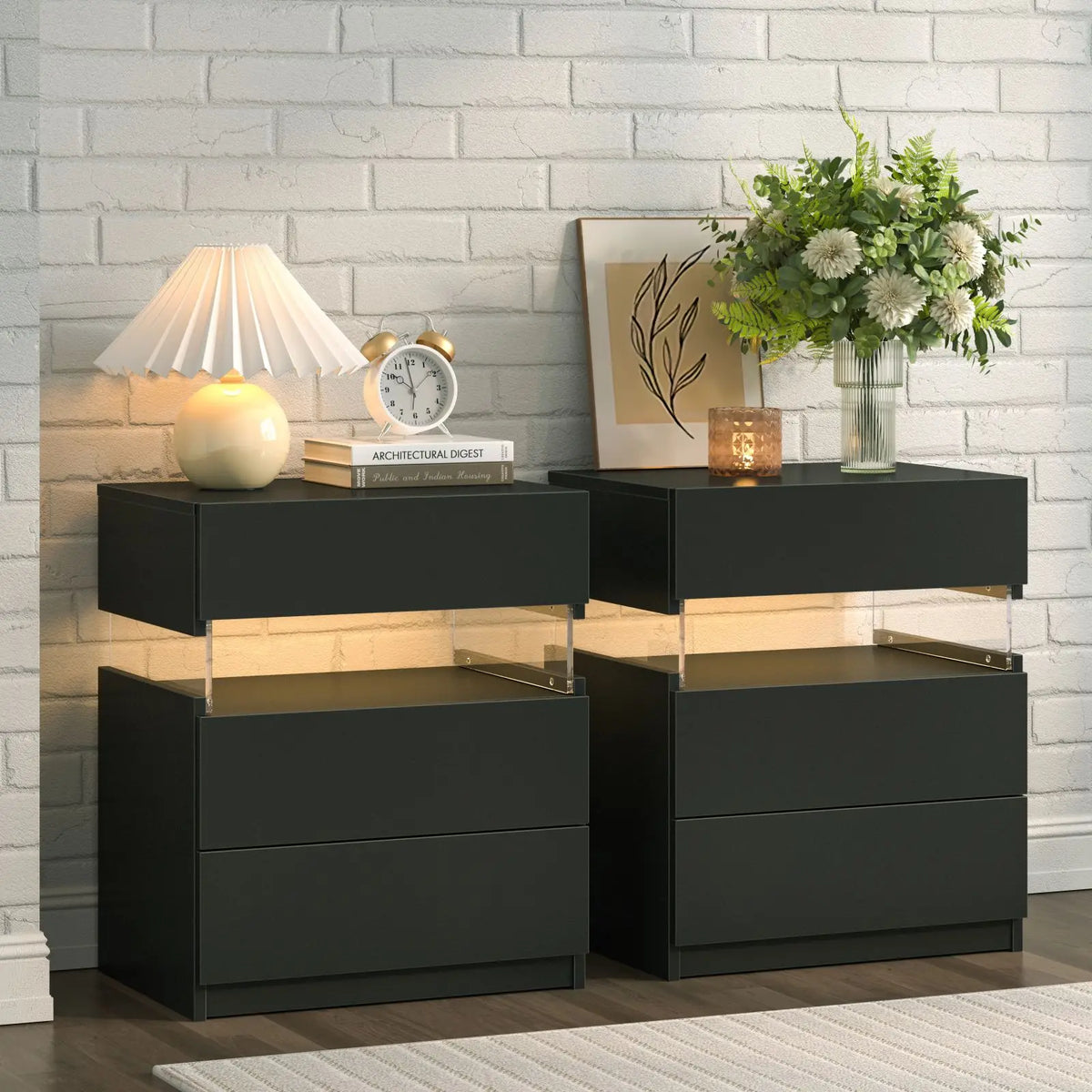 Cubehom Bedside Tables Set With LED Lighting And 3 Drawers