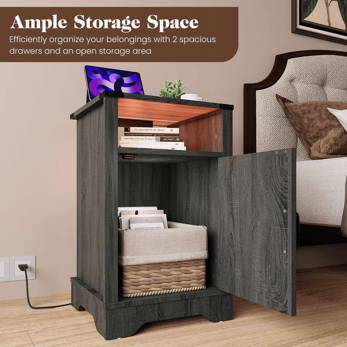 LED Nightstand With USB Charging Station, Farmhouse Wood Storage Table
