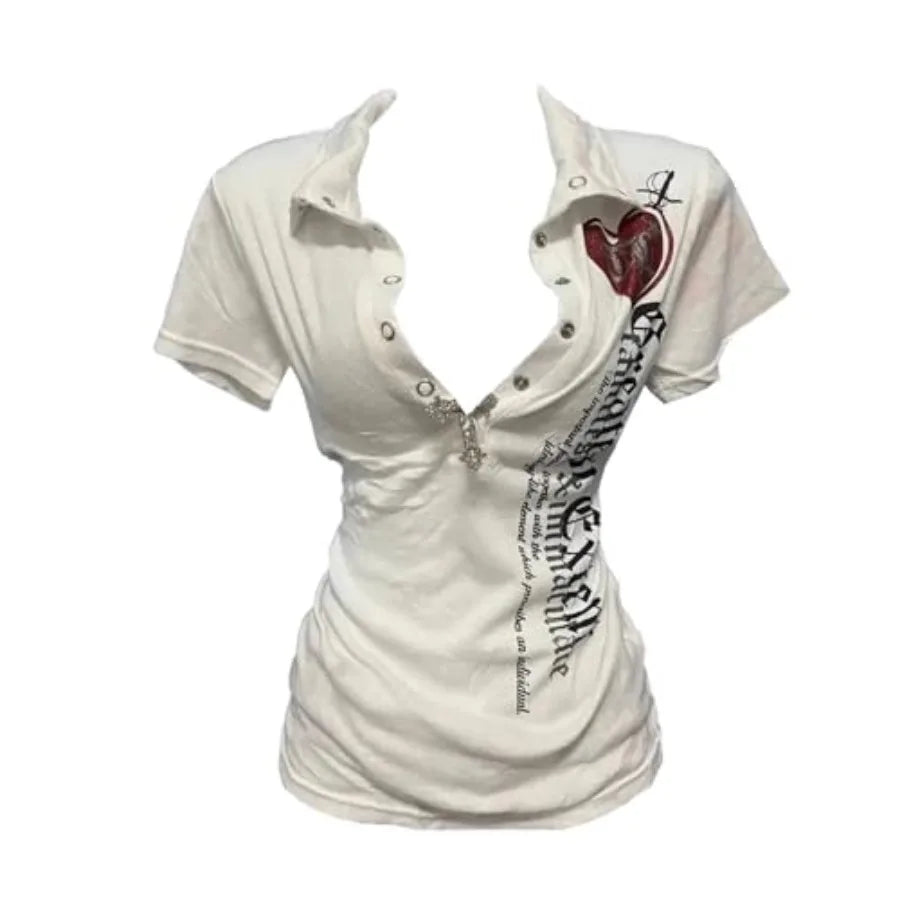 Women Vintage Y2K T Shirt Polo Letter Print Streetwear Top