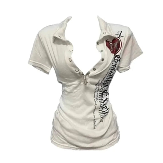 Women Vintage Y2K T Shirt Polo Letter Print Streetwear Top