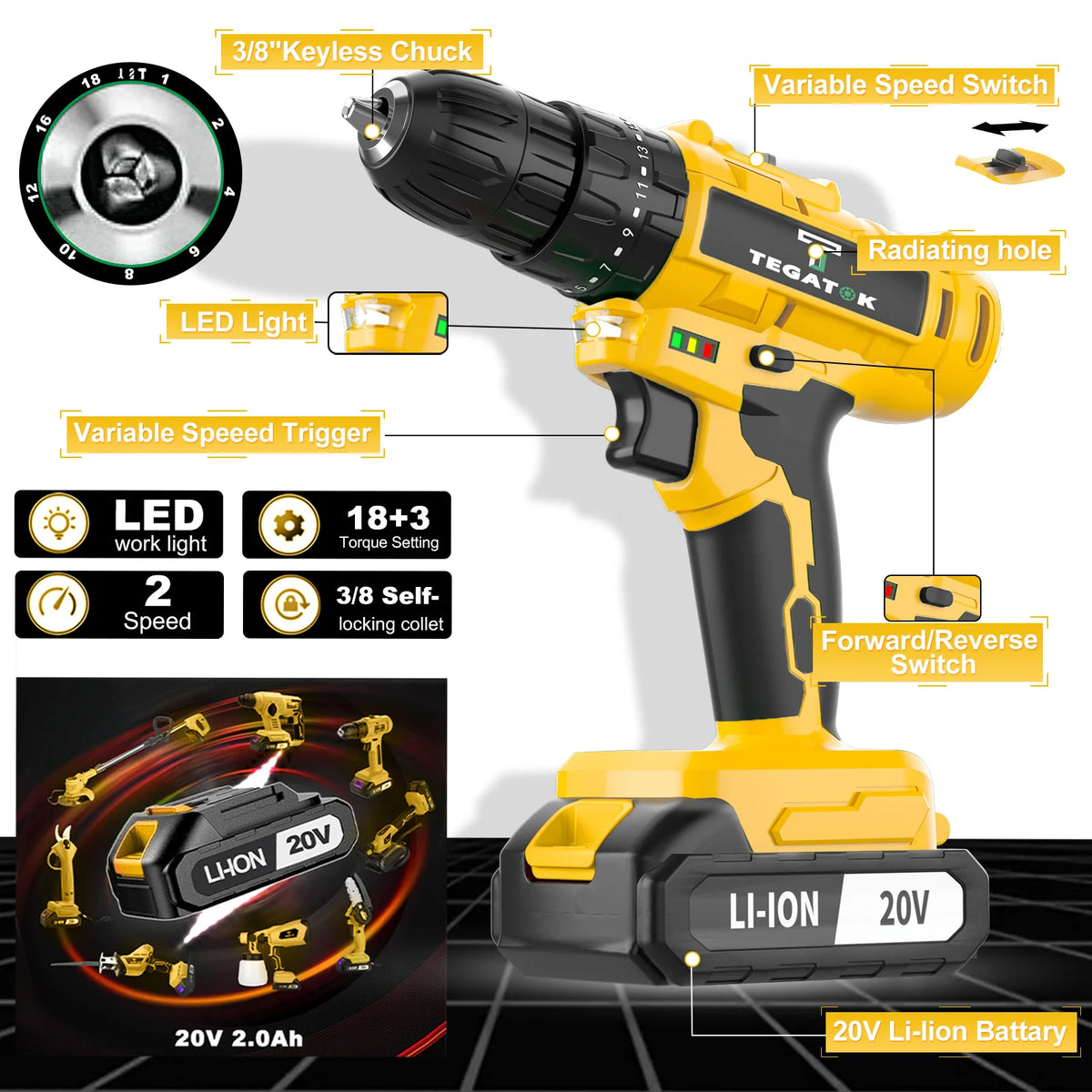 TEGATOK 45N.M Electric Impact Drill 20V Battery Included LED Two Speed
