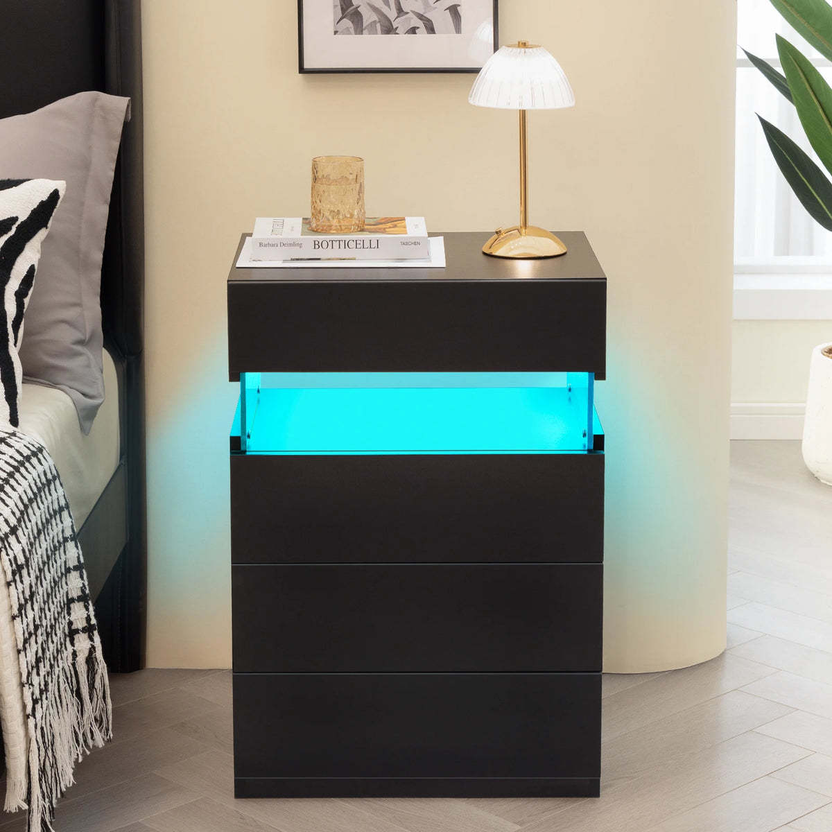 Cubehom LED Nightstand With Four Drawers Modern Bedroom Table