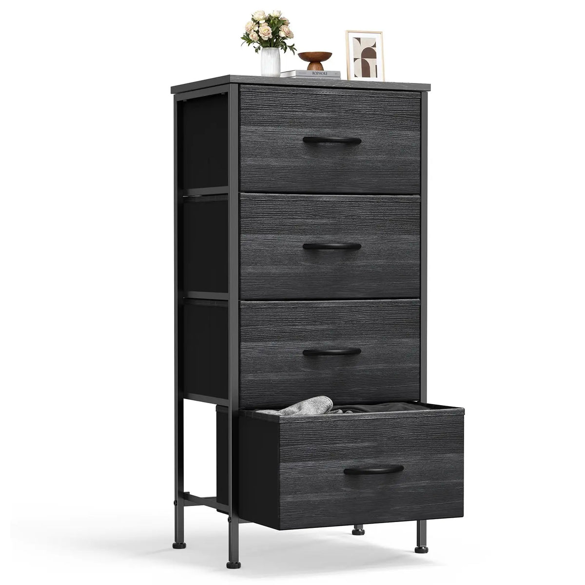 XIUWO Nightstand With 4 Fabric Drawers And Wooden Top Bedside Table