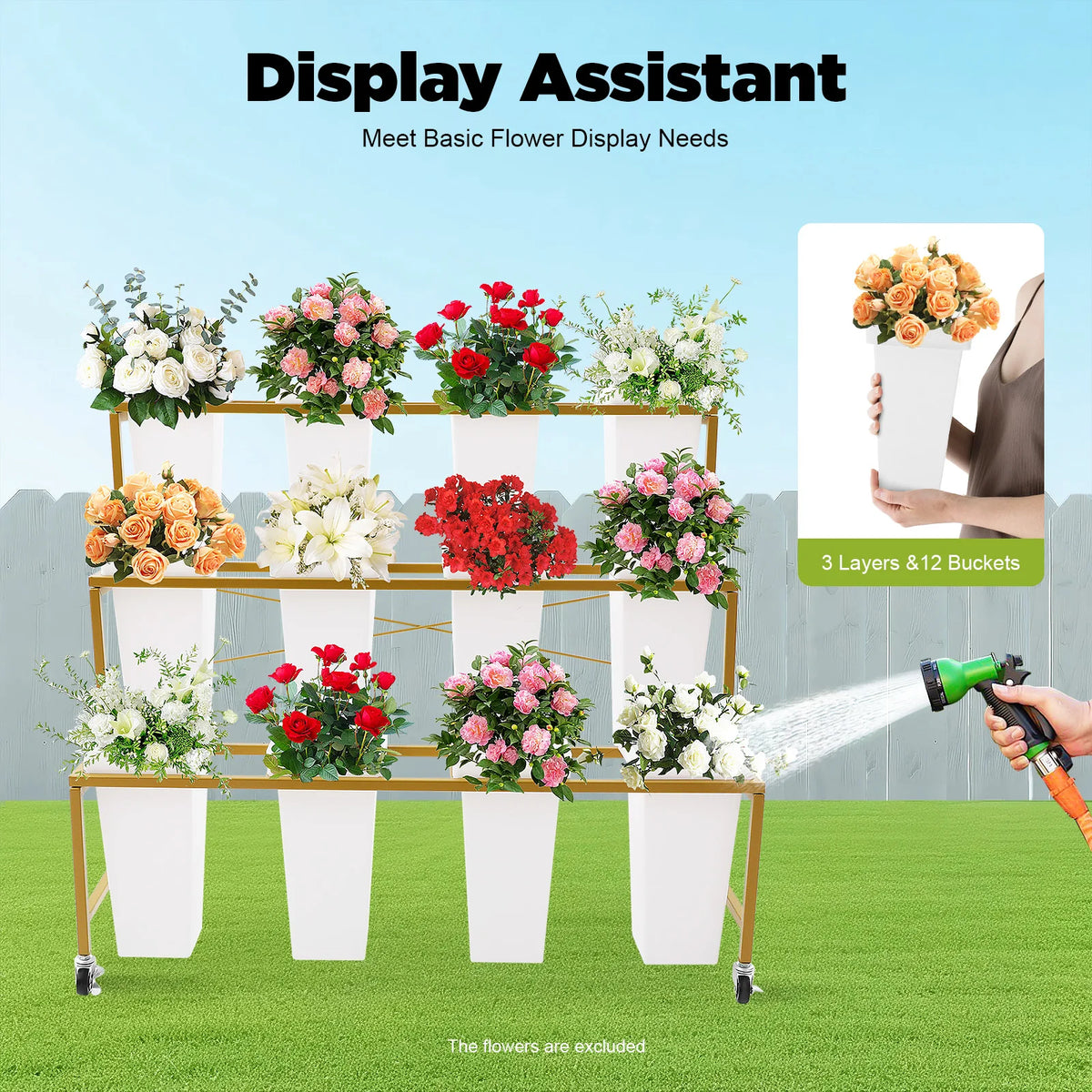 Three Tier Cold Rolled Steel Flower Display Stand With Buckets
