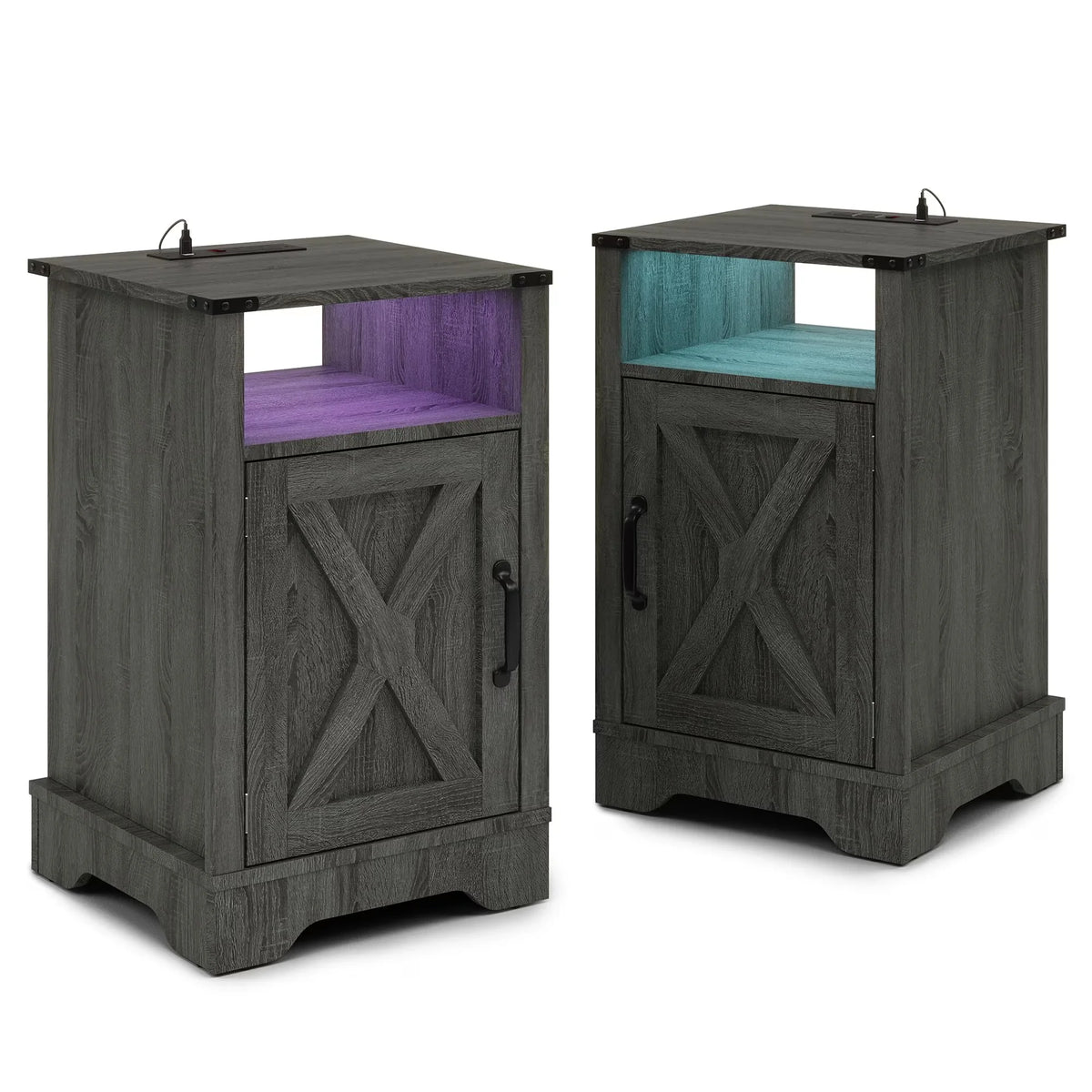 LED Nightstand With USB Charging Station, Farmhouse Wood Storage Table