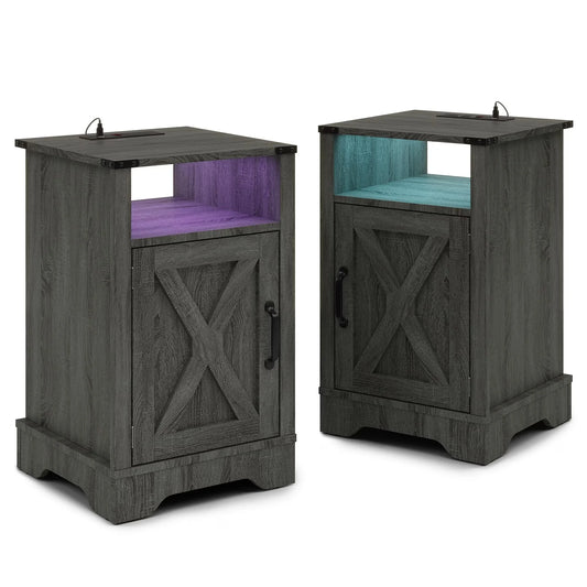 LED Nightstand With USB Charging Station, Farmhouse Wood Storage Table