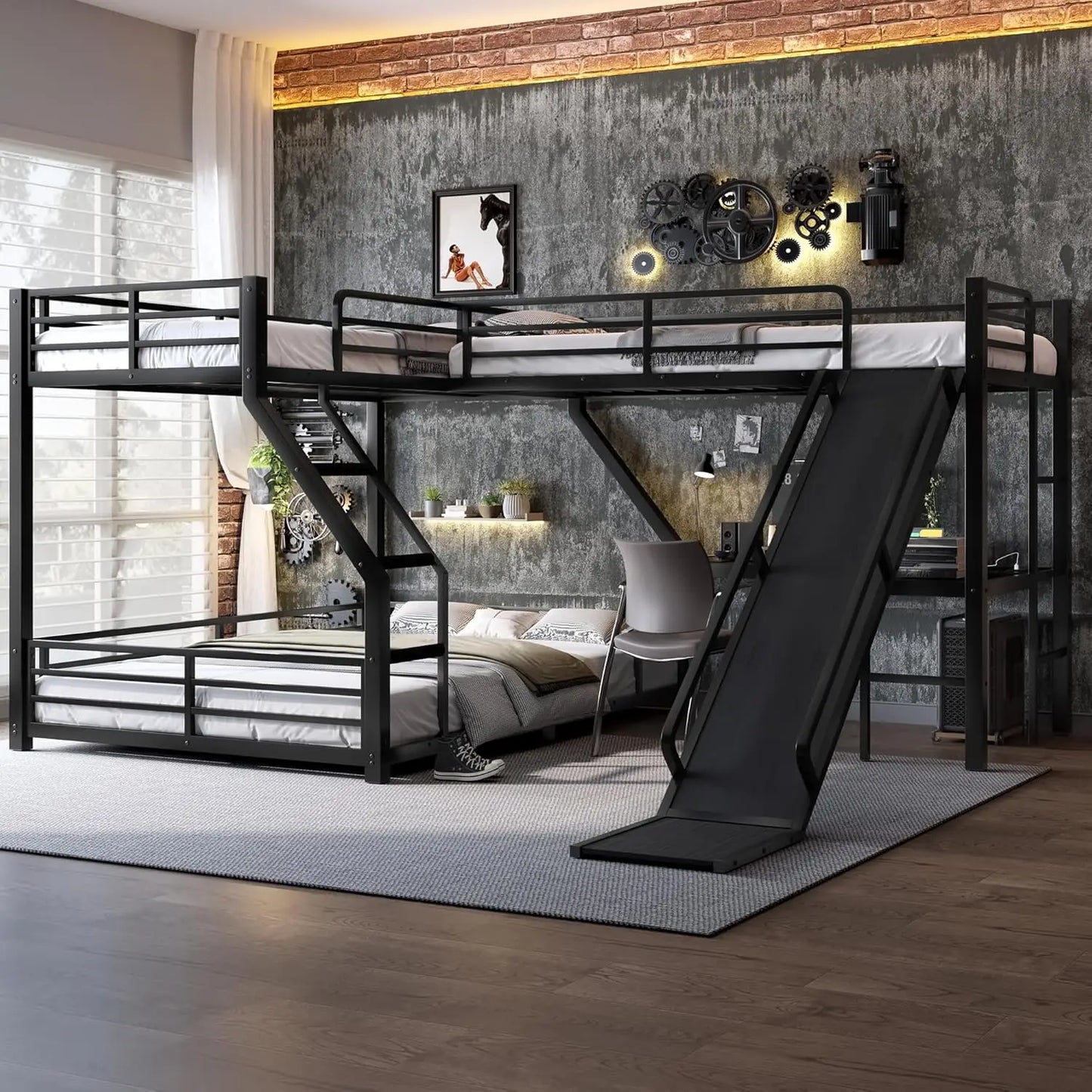 L Shaped Triple Bunk Bed With Desk And Slide For Space Saving