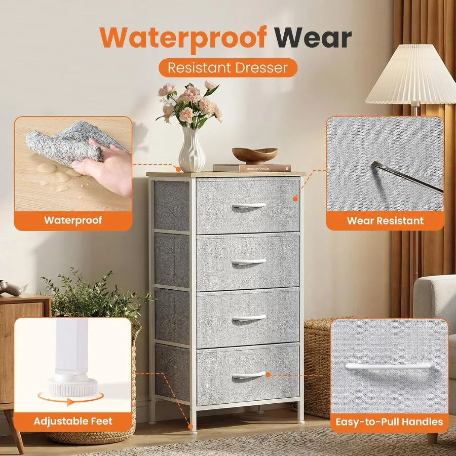 XIUWO Nightstand With 4 Fabric Drawers And Wooden Top Bedside Table
