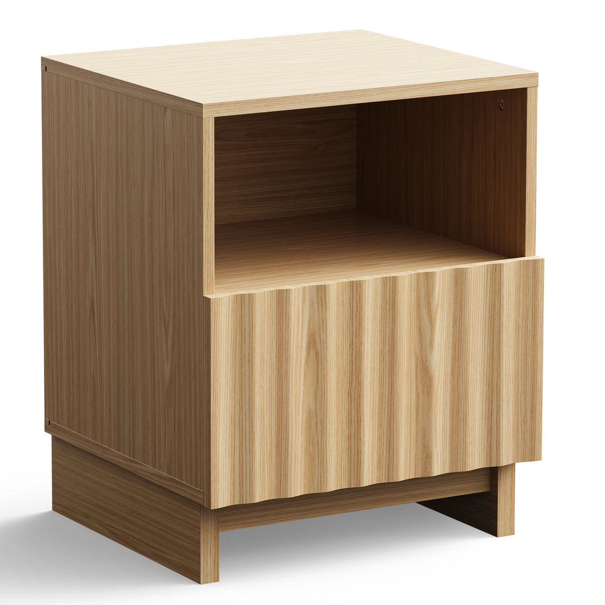 TinyNest Wood Nightstand With Fluted Drawers And Open Shelf