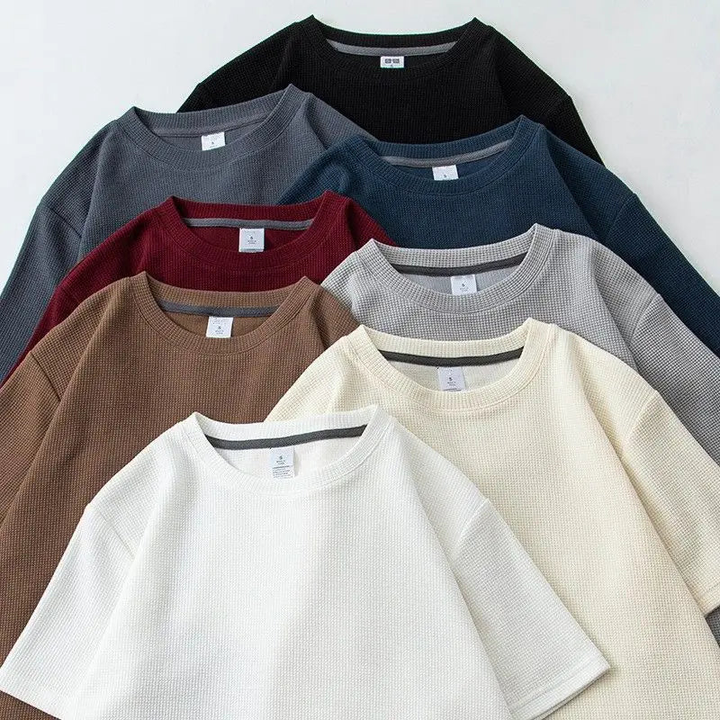 Waffle Short Sleeve Unisex T Shirt Round Neck Summer Top