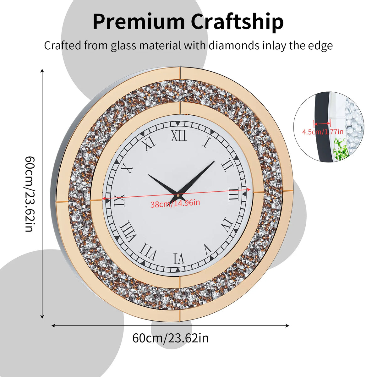 Crystal Sparkle Mirror Wall Clock With Silent Alarm Movement