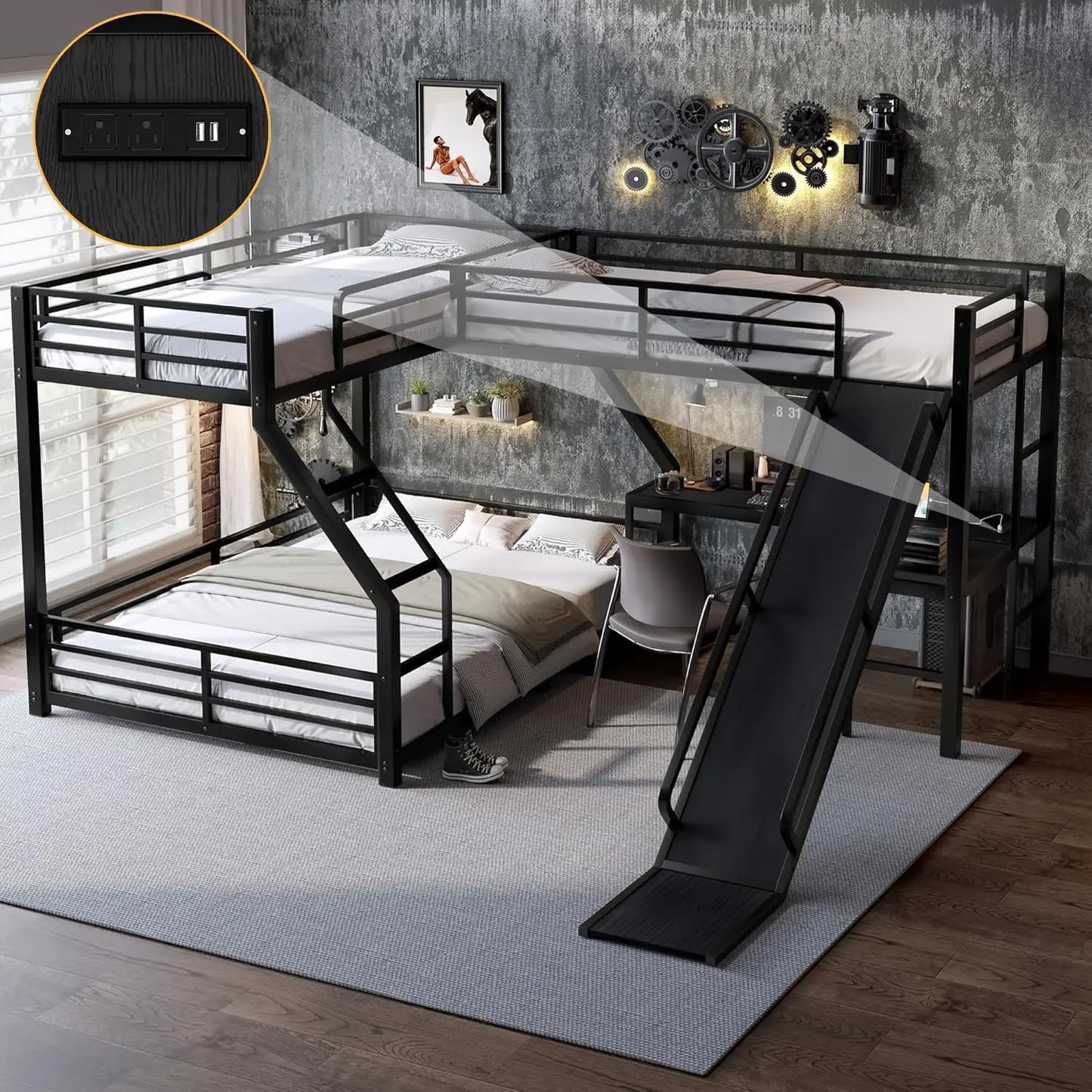 L Shaped Triple Bunk Bed With Desk And Slide For Space Saving